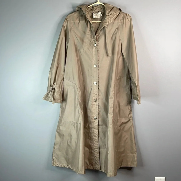 VINTAGE Mulberry Street Tan Nylon Long Trench Coat Hood Pockets Puff Shoulder 8 - Picture 15 of 15